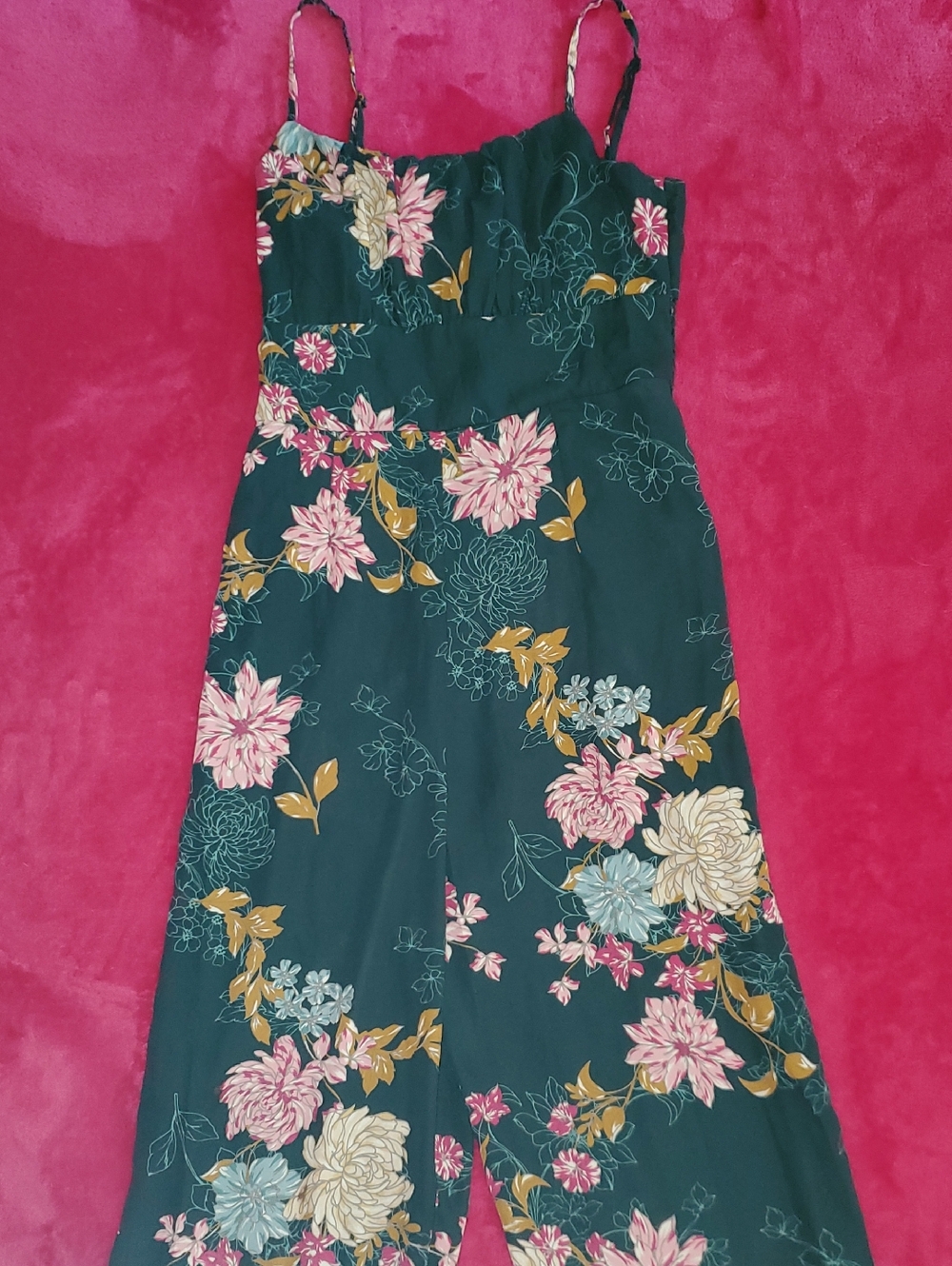 As U Wish Dark Green Floral Jump Suit with Pink & Cream Blooms